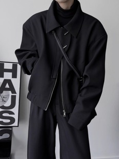 暗黑设计感短款宽肩飞行夹克2024春男女简约翻领长袖时髦上衣外套