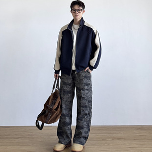 SIIIEND美式复古韩版立领夹克男秋季短款宽松休闲百搭学院风外套