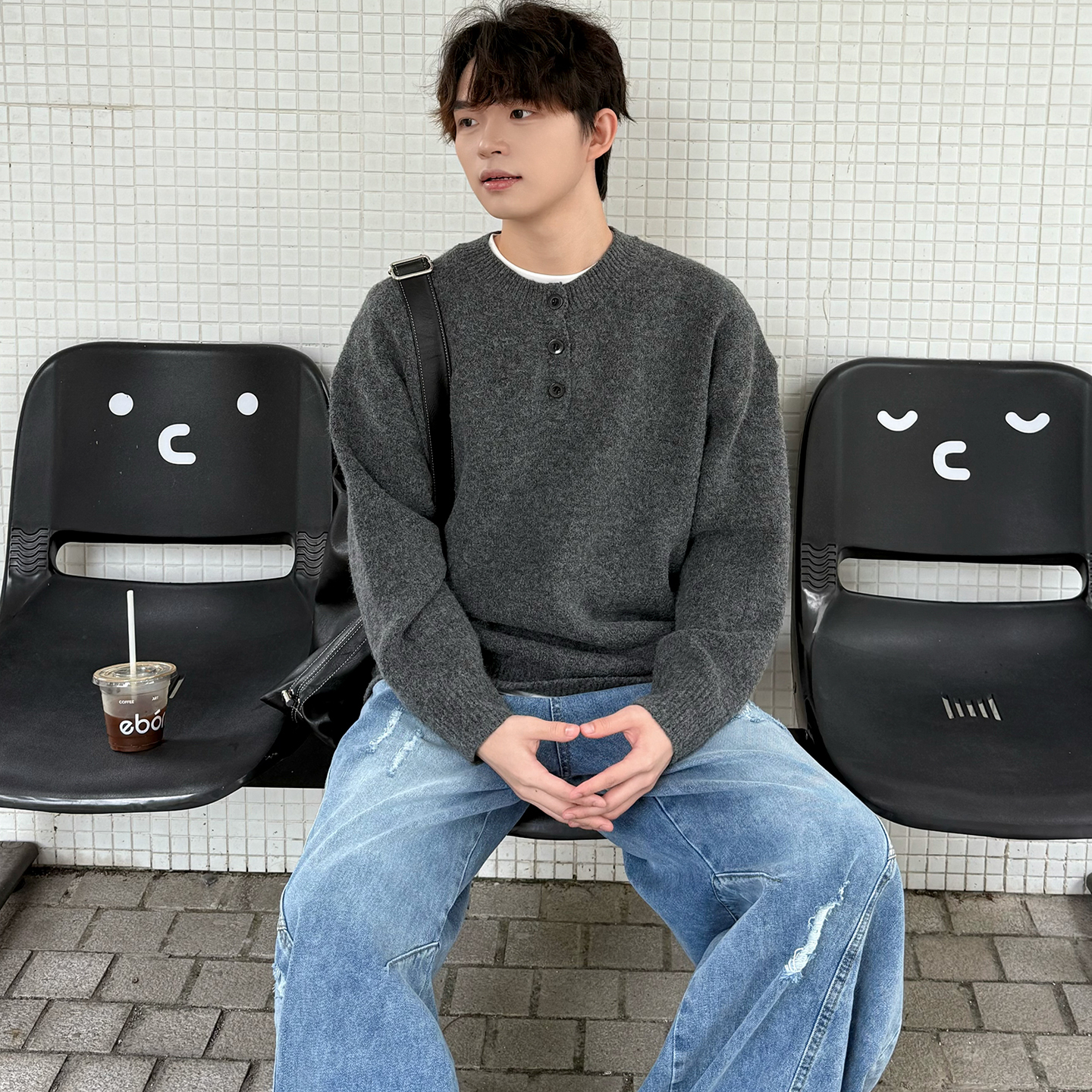 亨利领混纺羊毛针织衫男