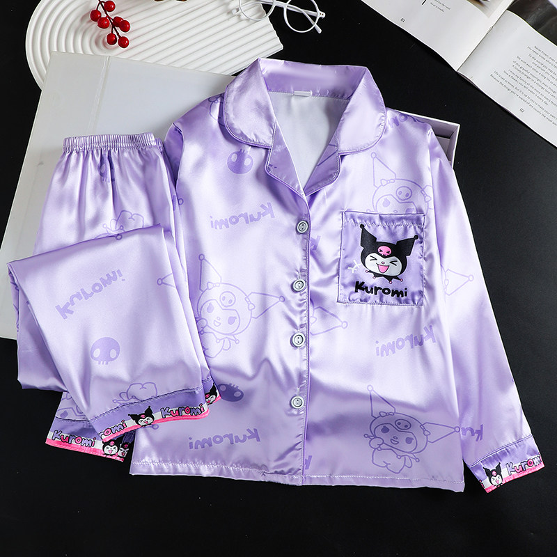儿童睡衣女童夏秋冰丝绸长袖薄款家居服套装