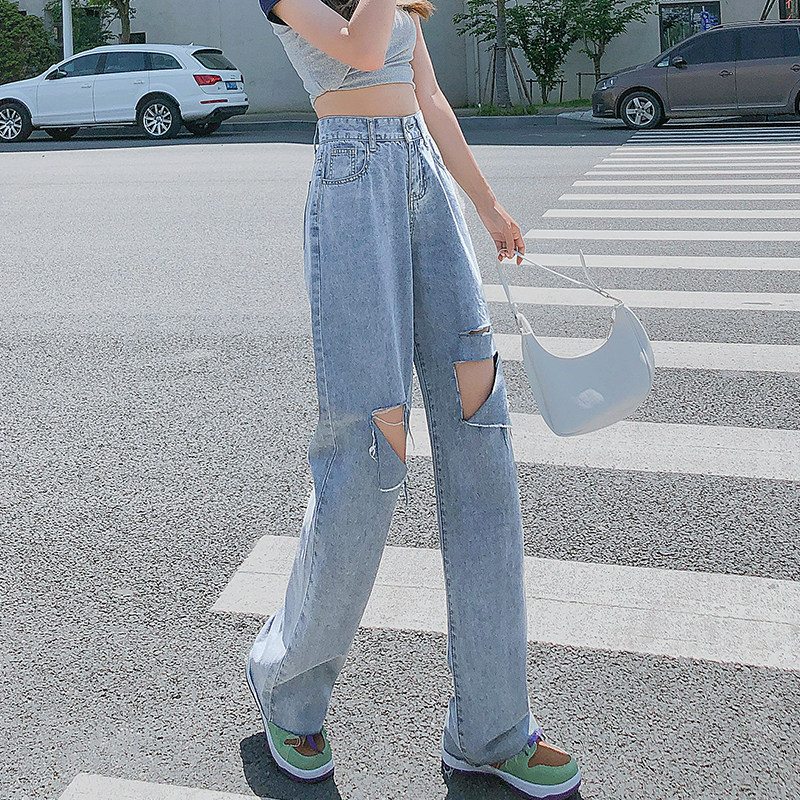 C010/P4521年夏季网红潮破洞牛仔阔腿裤女高腰ins直筒设计感图片