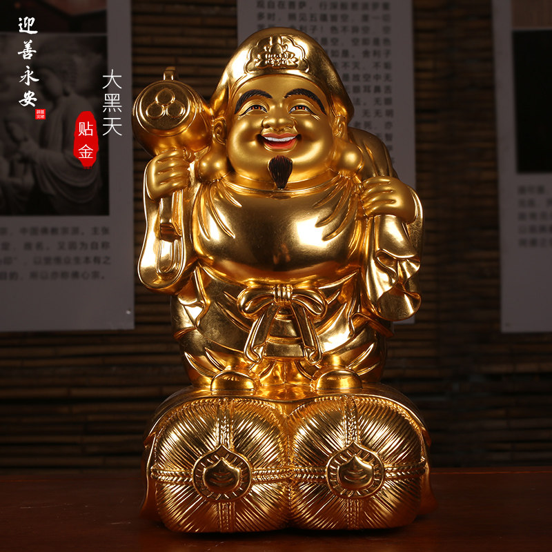迎善永安大黑天财神造像香樟木手工雕刻日本贴金密宗财神佛像工艺