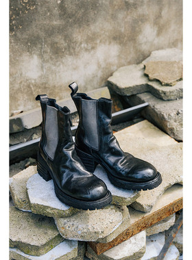 GLAS设计师原创 双侧橡筋设计 工匠系列水洗马皮厚底切尔西短靴