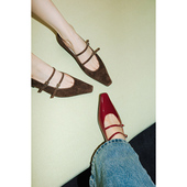 复古双带皱牛皮低跟粗跟玛丽珍单鞋 IORE理想矿石设计师原创 法式