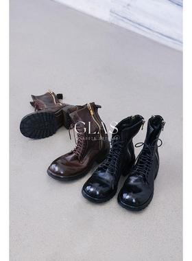 GLAS设计师原创 率性灵魂 水洗马皮双侧拉链系带低跟短靴马丁靴