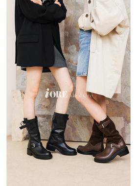 IORE理想矿石设计师原创 流动的随性 松弛感扣带圆头低跟工程短靴