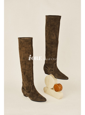 IORE理想矿石设计师原创 锋与圆 优雅轻松随性牛皮矮跟及膝靴长靴