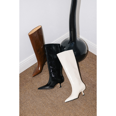 IORE极简皱牛油皮尖头细跟高筒靴