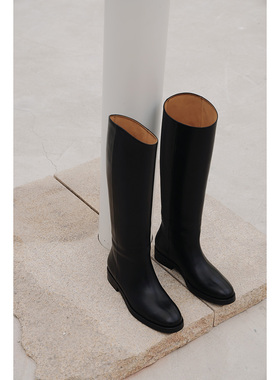 IORE设计师原创 经典百搭极简多维立体靴筒牛皮低跟及膝靴长靴