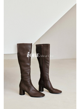 IORE理想矿石设计师原创 简约弹力羊皮侧拉链粗跟高跟及膝长靴