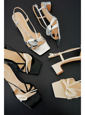 IORE理想矿石设计师原创 挺秀雅致皱牛油皮马蹄莲粗跟低跟凉鞋