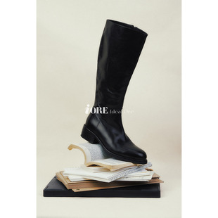 IORE理想矿石设计原创极简百搭水洗马皮侧拉链低跟骑士靴及膝长靴