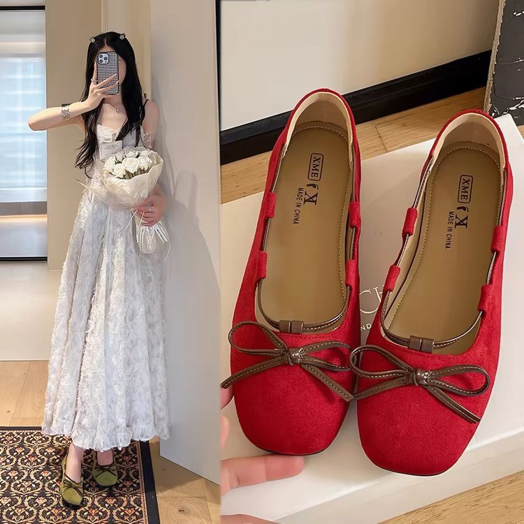 美拉德蝴蝶结玛丽珍鞋女春秋磨砂皮方头浅口平底软底通勤复古单鞋