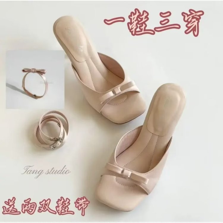 缎面蝴蝶结时装凉鞋女夏方头交叉绑带细高跟温柔仙女风露趾高跟鞋