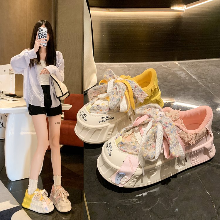 厚底丑萌板鞋女春秋撞色毛边软底增高显脚小宽脚友好运动休闲鞋女