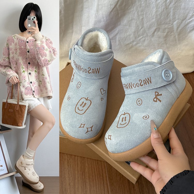 厚底加绒雪地靴女奶呼呼保暖鞋卡通刺绣魔术贴冬季防滑短筒棉鞋女