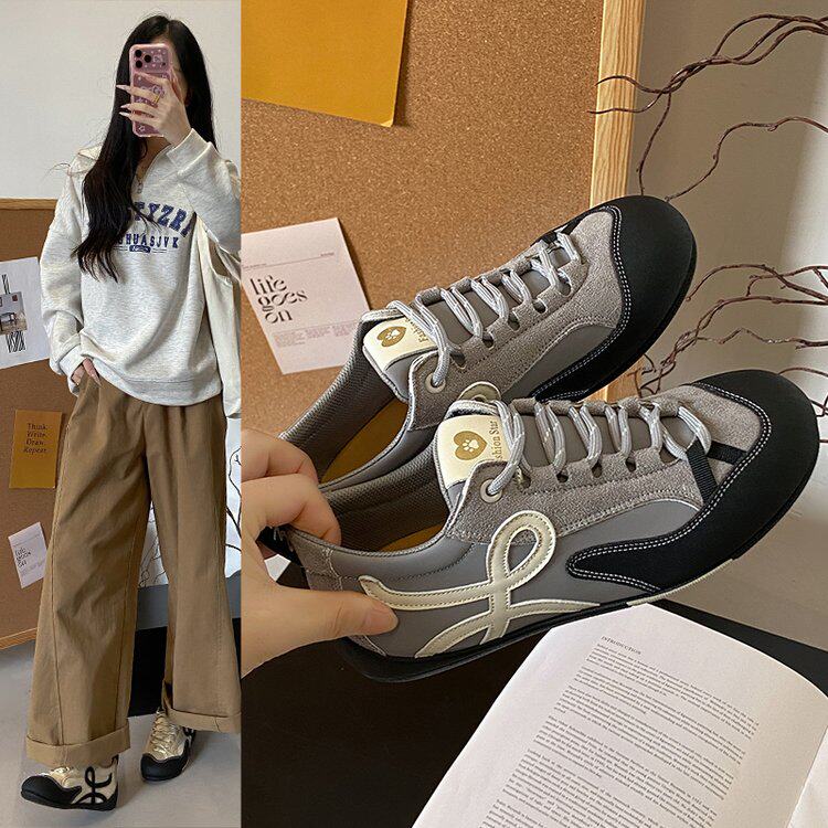 复古豹纹德训鞋女2026新款拼色平底休闲阿甘鞋小众百搭系带板鞋女