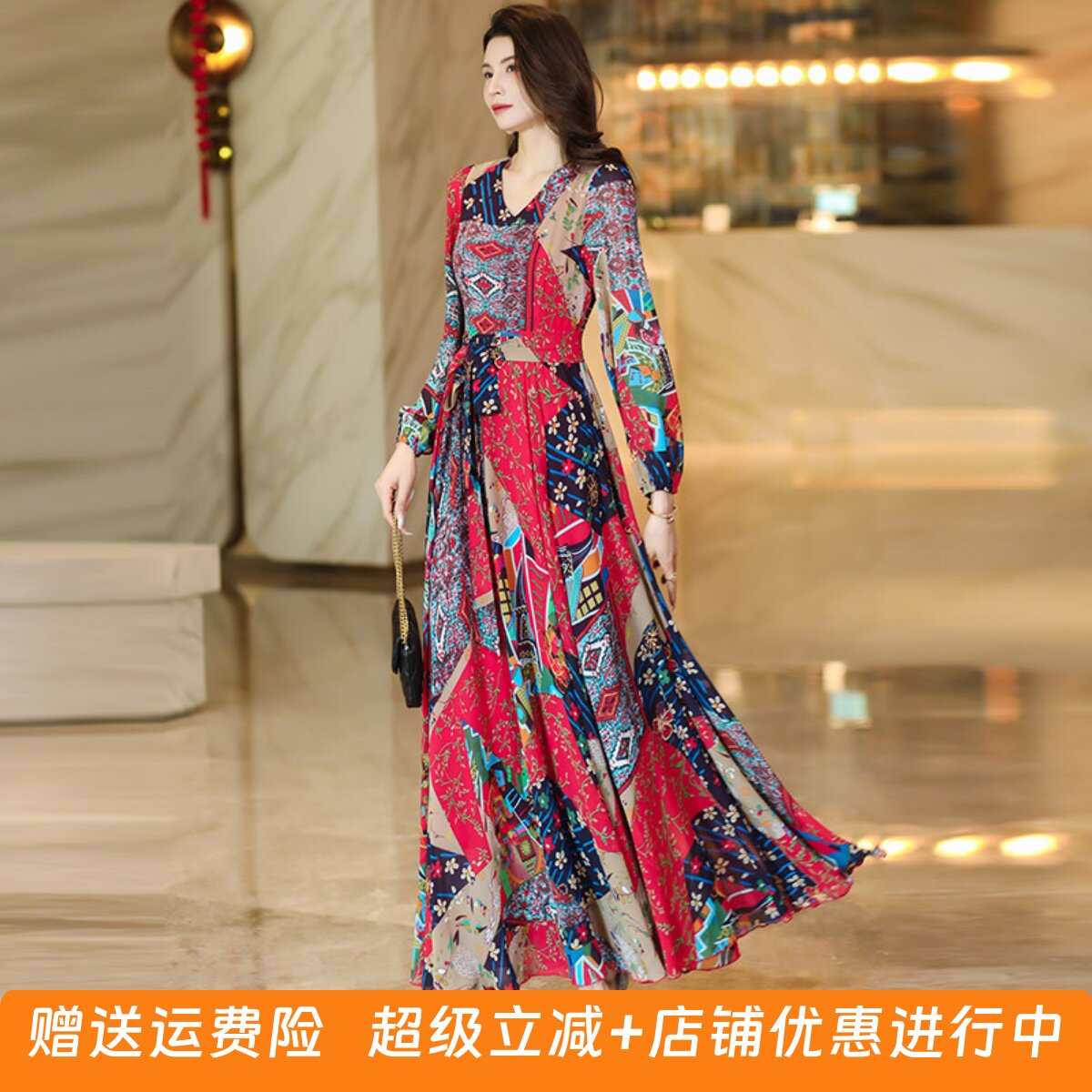 2026年春夏新款优雅气质大摆沙滩裙印花连衣裙小个子长裙雪纺裙子