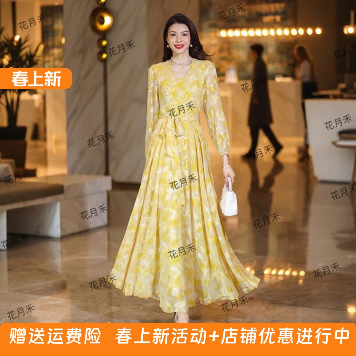 2026年春夏新款优雅V领印花连衣裙收腰显瘦长裙旅游度假沙滩裙子