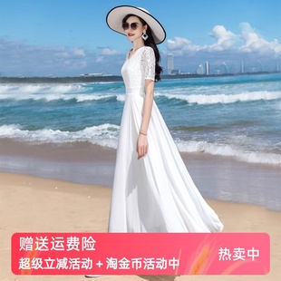 沙灘裙2025年春夏新款 蕾絲大擺連衣裙收腰顯瘦旅游度假長裙雪紡裙