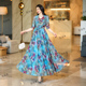 2025年春秋冬V领印花大摆蓝色连衣裙收腰显瘦长裙小个子沙滩裙子