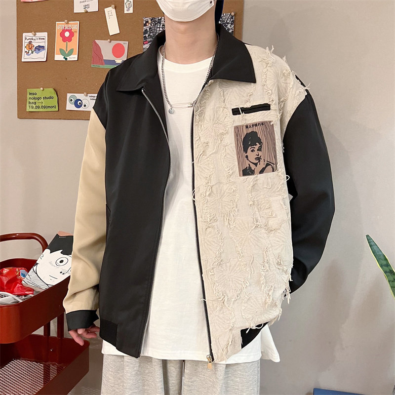 港风秋款男夹克流苏拼色人物字母印花条纹休闲外套8803P75,男装夹克,电商A113-2