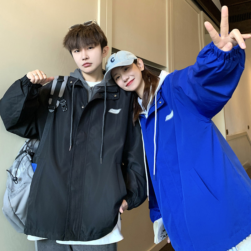 抖音质量港风宽松休闲服情女休闲连帽夹克纯色情侣外套8802P75,男装夹克,电商A113-2