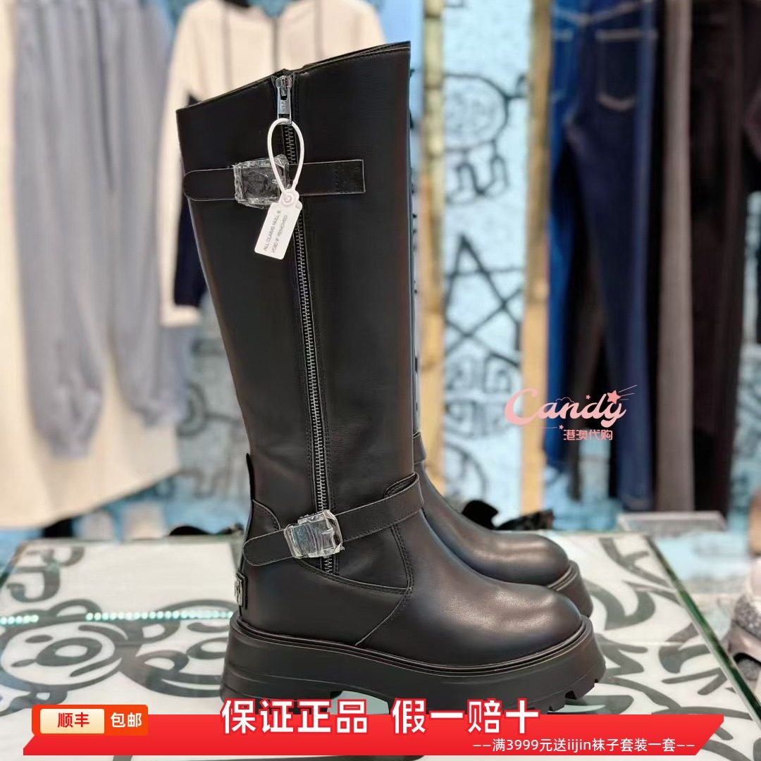 香港代购iijin艾今正品真皮搭扣内增高9.5cm厚底长筒骑士马丁靴女