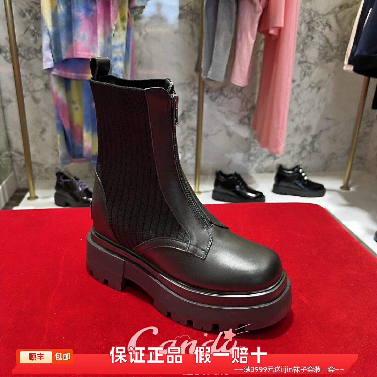 香港代购IIJIN艾今正品针织内增高9cm厚底前拉链弹力袜靴女马丁靴