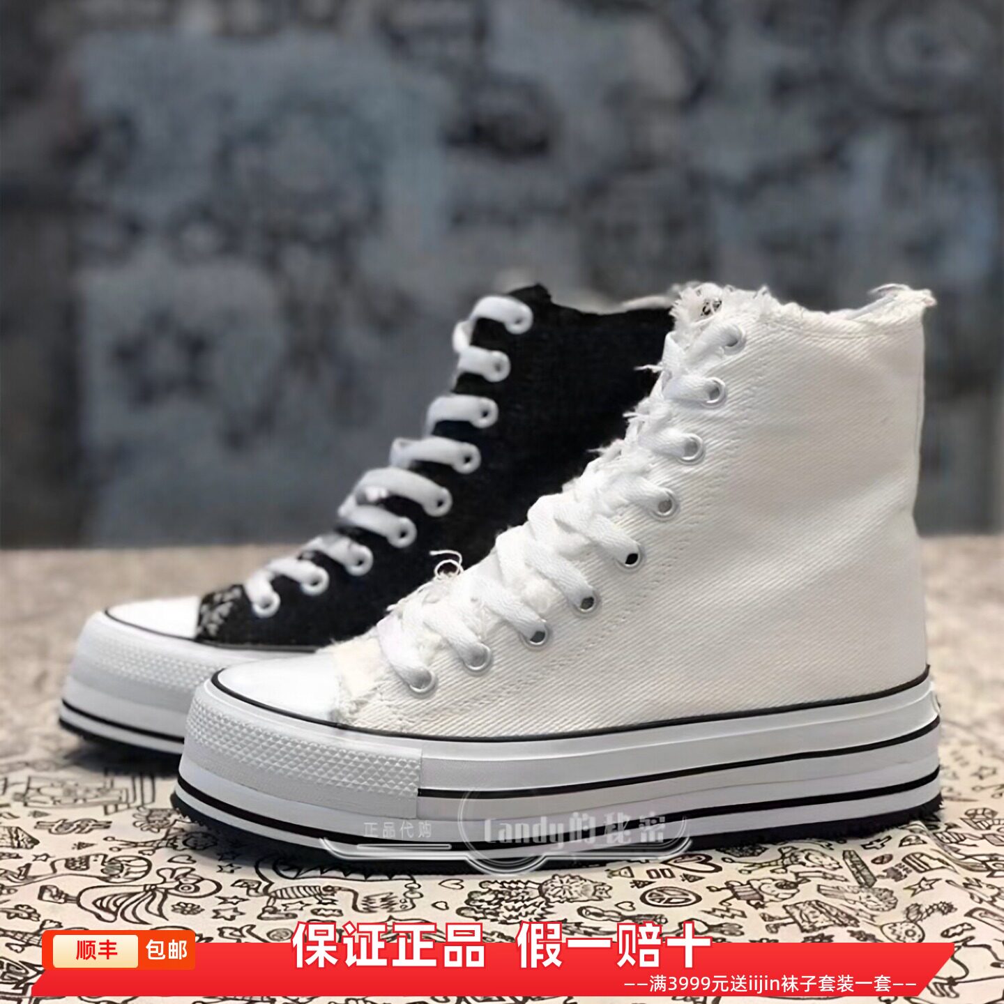 香港代购正品iijin艾今夏季帆布牛仔内增高10CM厚底休闲高帮鞋女