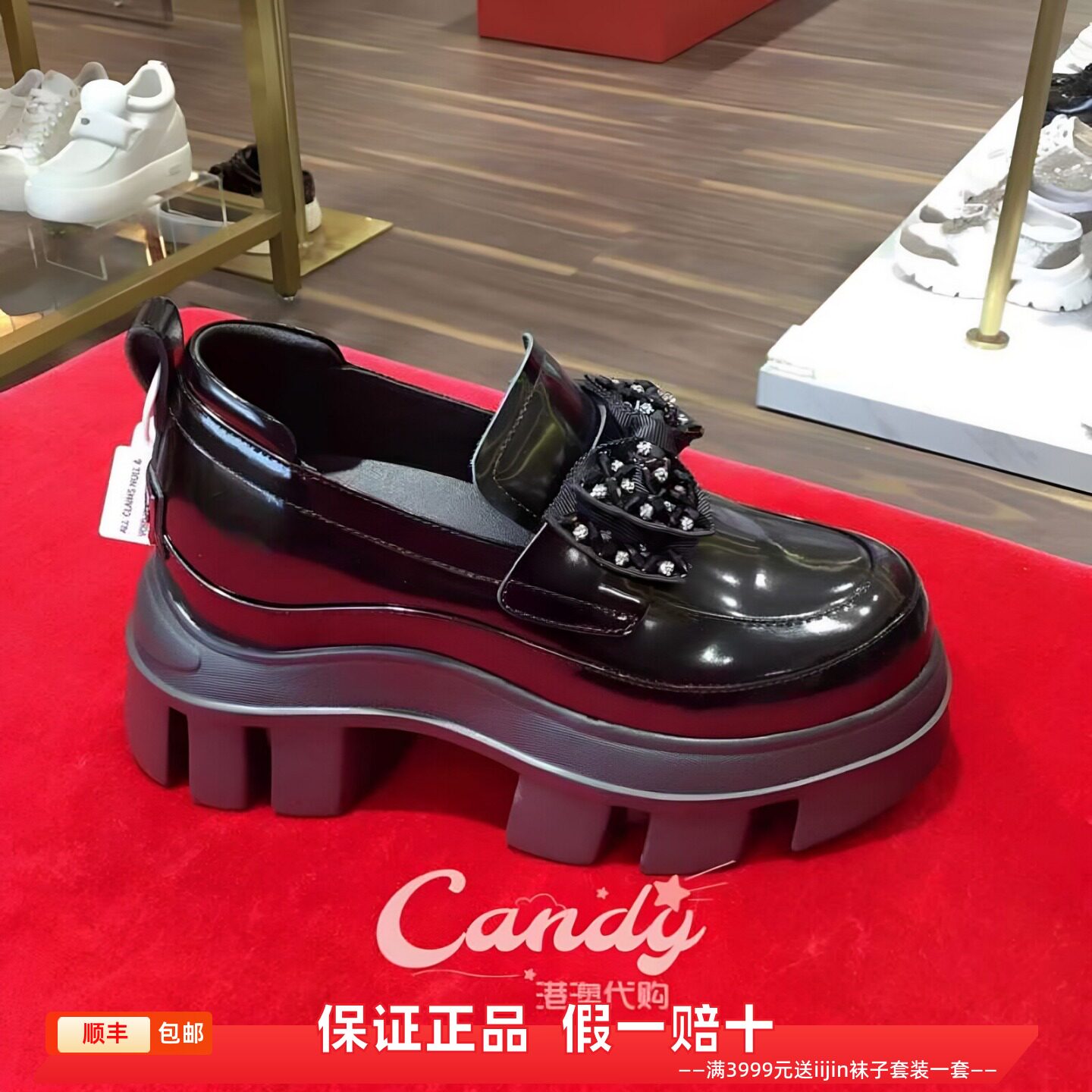 香港代购iijin艾今正品水钻蝴蝶结漆皮厚底内增高9cm乐福鞋女单鞋