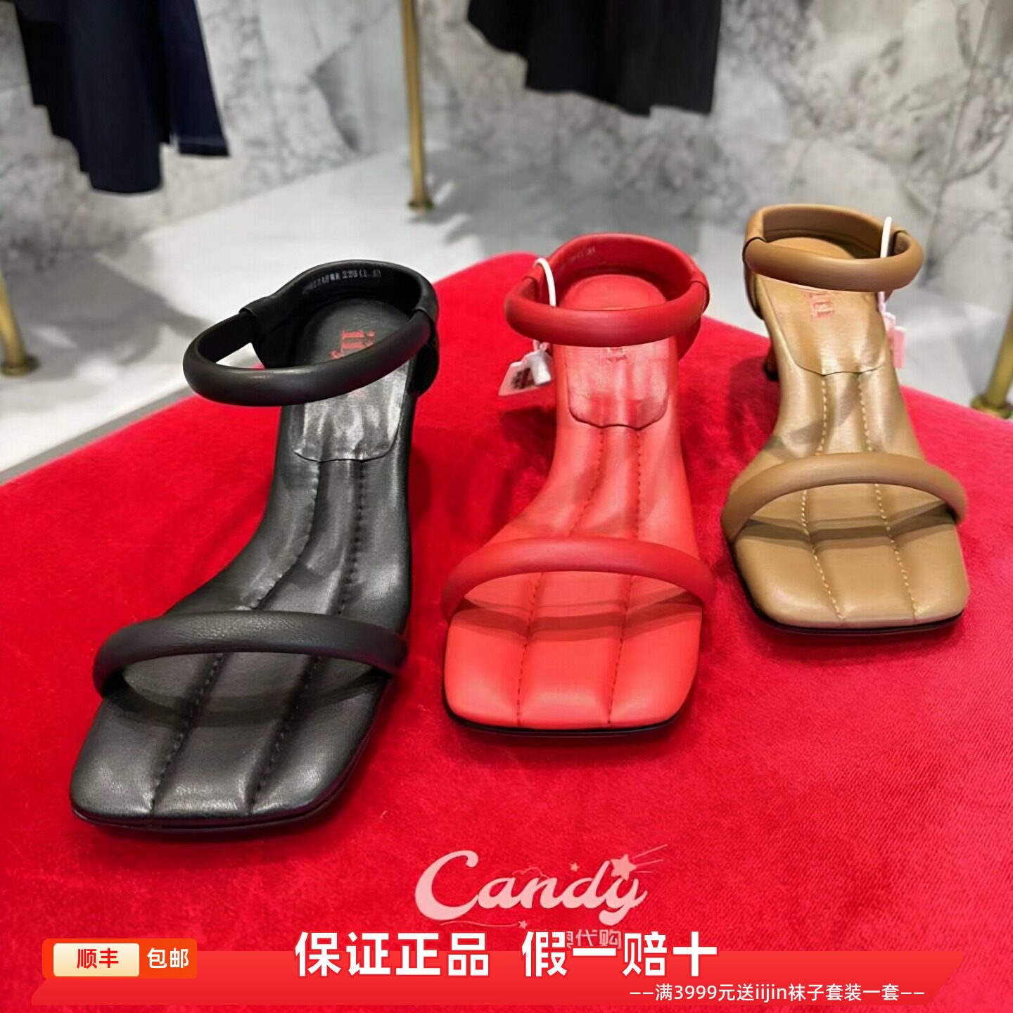 香港代购iijin艾今正品真皮方头法式一字带露趾6cm细高跟鞋女凉鞋