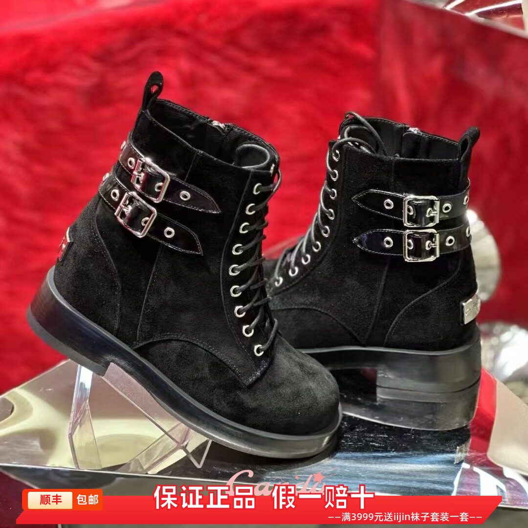 香港代购iijin艾今正品新款磨砂真皮带扣内增高8cm厚底马丁靴短靴