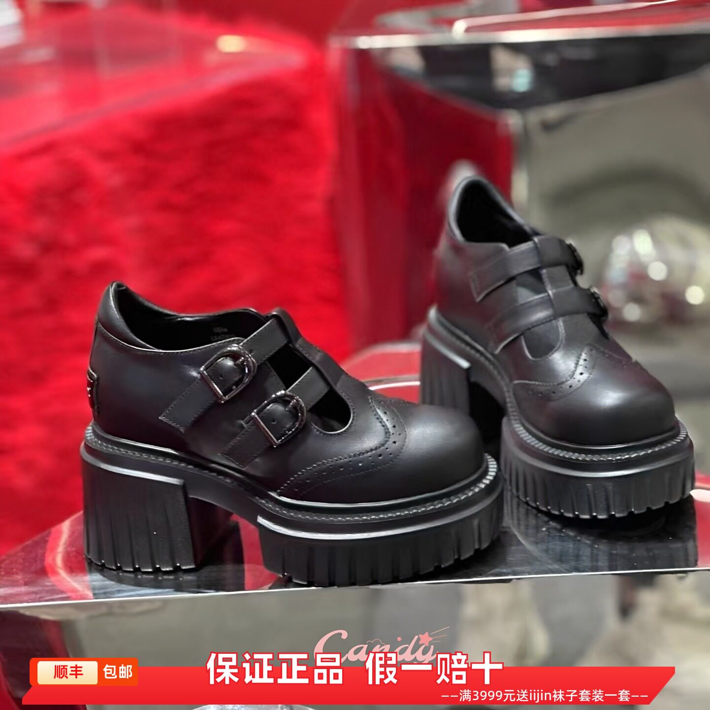 香港代购iijin艾今正品超轻真皮双扣内增高9.5cm厚底玛丽珍鞋单鞋