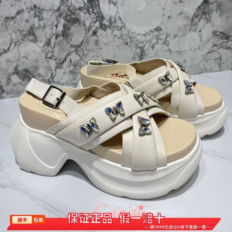 香港代购iijin艾今正品2025超轻蝴蝶水钻增高10cm厚底休闲凉鞋女