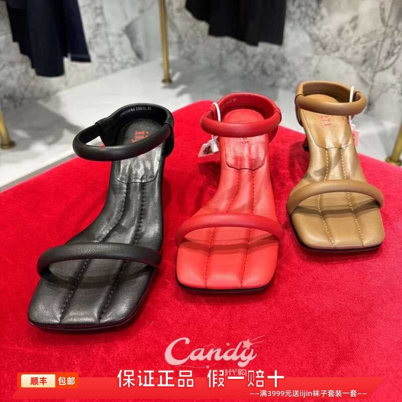 香港代购iijin艾今正品2024真皮方头法式一字带露趾6cm细高跟凉鞋