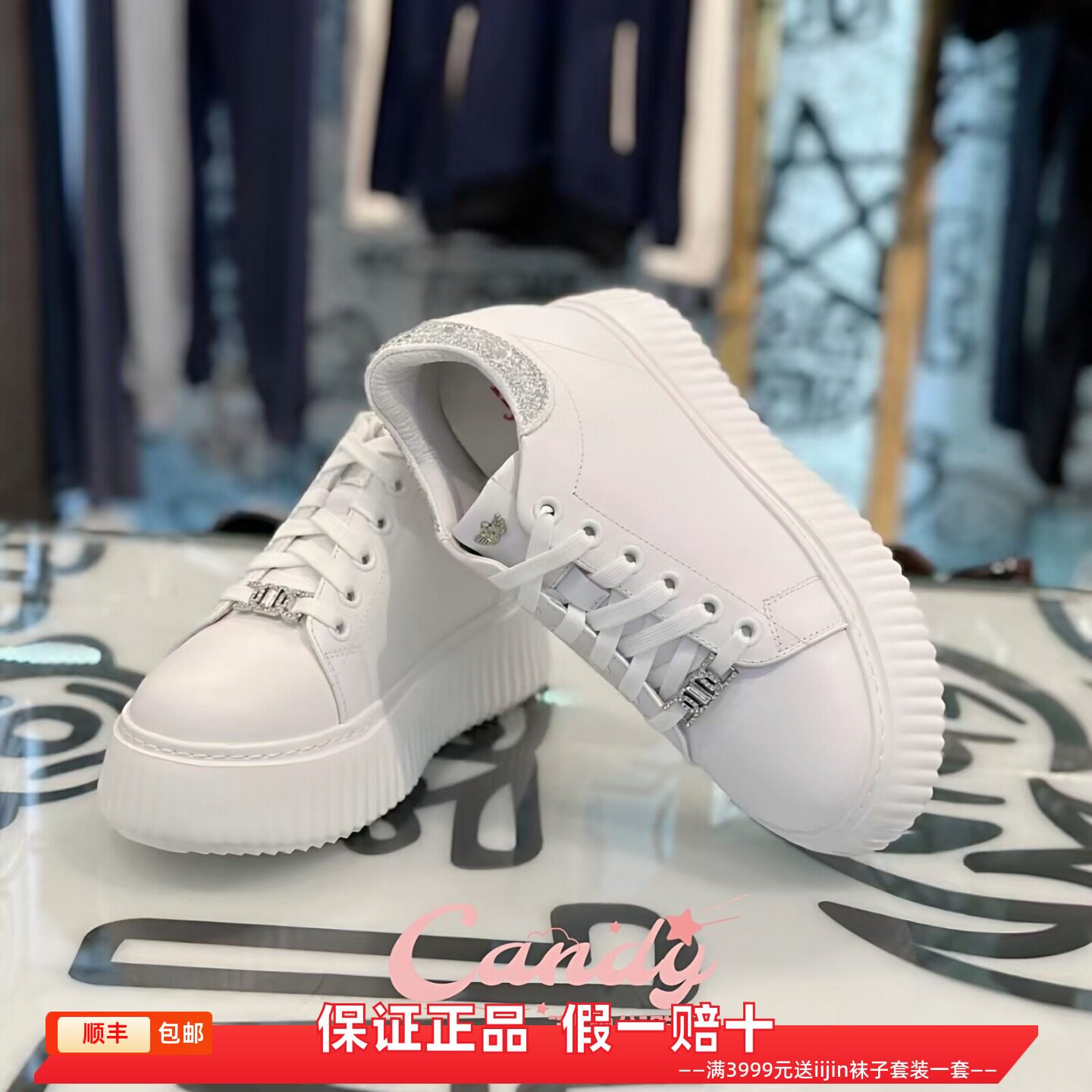 香港代购iijin艾今正品水钻真皮内增高9.5cm厚底休闲小白鞋饼干鞋