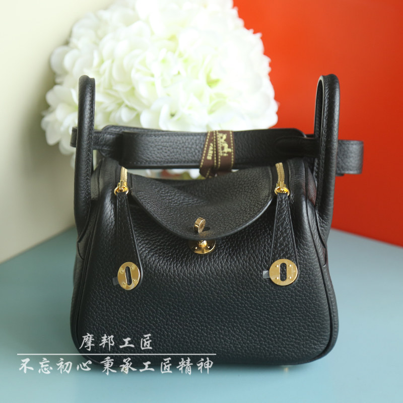 摩邦工匠手工定制女包mini琳迪包迷你医生包tc皮荔枝纹真皮 黑色