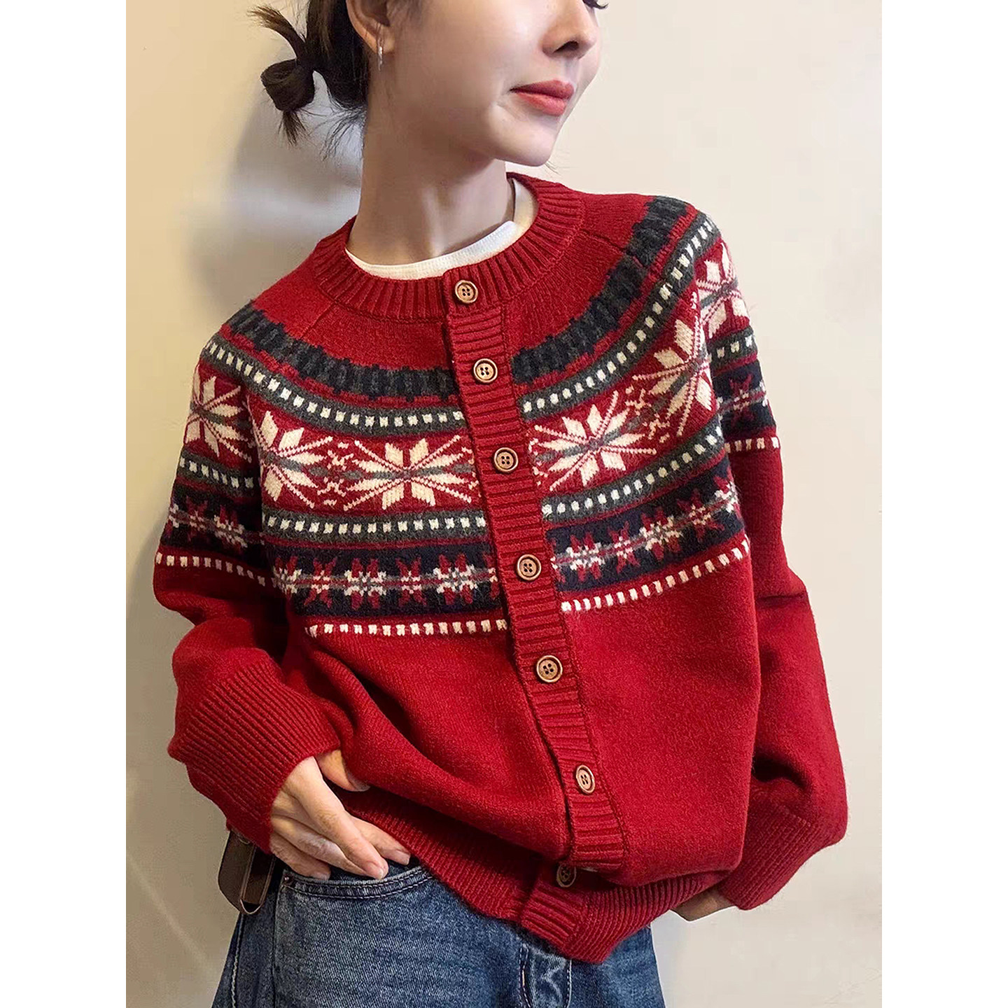 费尔岛提花羊毛保暖针织开衫女装上衣新年红色复古毛衣外套慵懒风