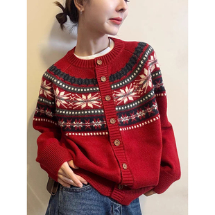 费尔岛提花羊毛保暖针织开衫女装上衣新年红色复古毛衣外套慵懒风