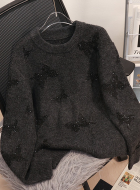 欧洲站重工韩系亮片时尚软糯加厚毛衣2025秋冬季慵懒休闲针织上衣