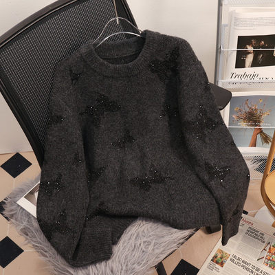 圆领慵懒风重磅针织亮片毛衣上衣