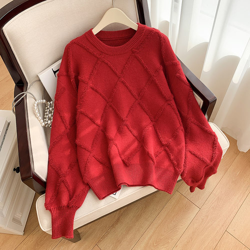 圆领韩版宽松红色菱形毛衣女套头