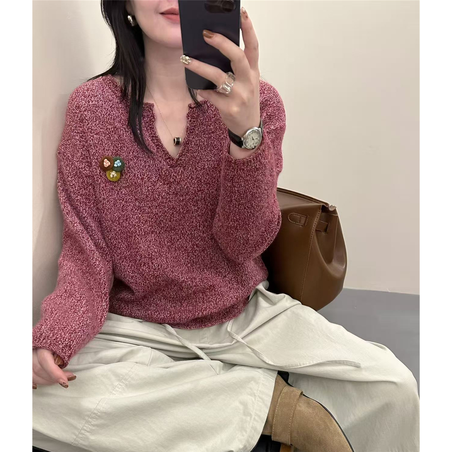 2025新款V领卷边针织衫女长袖秋冬宽松显瘦百搭毛衣打底衫上衣潮