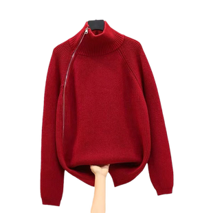 2025年秋冬新款高领毛衣女宽松加厚打底衫侧拉链针织衫上衣外套潮