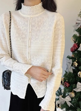欧货针织打底衫秋冬新装半高领蕾丝提花新中式下摆开叉毛衣女内搭
