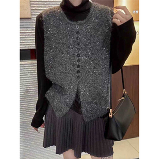 叠穿马甲 亮片毛衣背心无袖 圆领老钱风多扣针织开衫 女马甲秋冬新款
