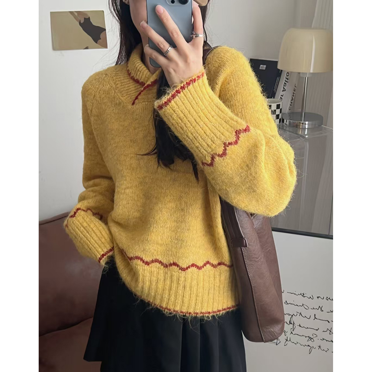 翻领慵懒风加厚保暖软糯针织上衣