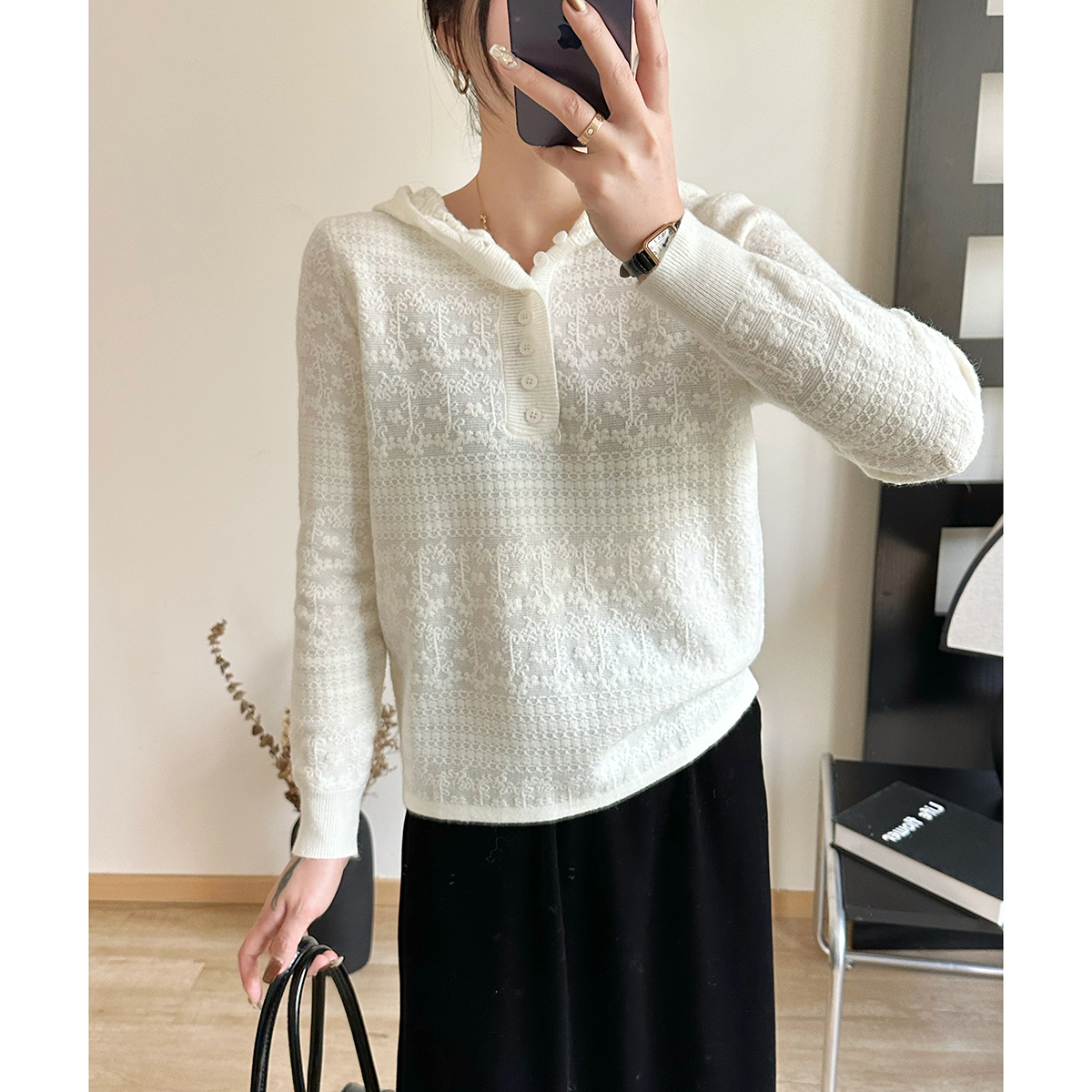 连帽甜美针织衫蕾丝提花毛衣内搭
