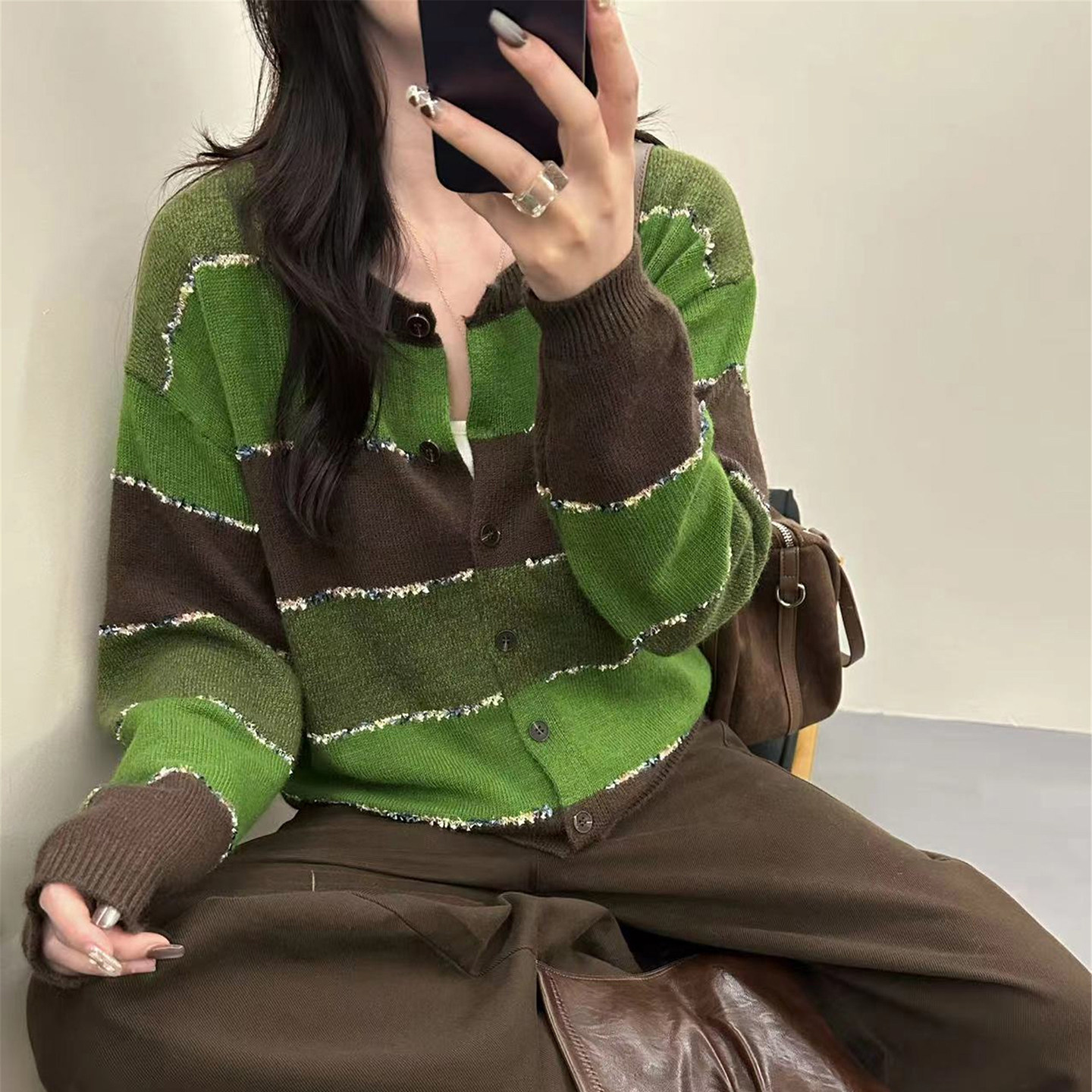 2025新款拼色条纹针织开衫女装高级设计感宽松百搭小个子毛衣外套,女装/女士精品,毛针织衫,淘宝优惠券,粉丝福利购,淘宝优惠卷